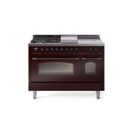 ILVE UP48FSNMPBUBLP Nostalgie II 48 inch Dual Fuel Range (5 Sealed Burners + Griddle + French Top, Liquid Propane, Triple Glass Door, Burgundy, Burnished)