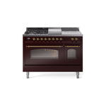 ILVE UP48FSNMPBUGLP Nostalgie II 48 inch Dual Fuel Range (5 Sealed Burners + Griddle + French Top, Liquid Propane, Triple Glass Door, Burgundy, Brass)