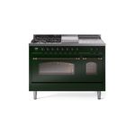 ILVE UP48FSNMPEGBLP Nostalgie II 48 inch Dual Fuel Range (5 Sealed Burners + Griddle + French Top, Liquid Propane, Triple Glass Door, Emerald Green, Burnished)