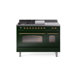 ILVE UP48FSNMPEGGLP Nostalgie II 48 inch Dual Fuel Range (5 Sealed Burners + Griddle + French Top, Liquid Propane, Triple Glass Door, Emerald Green, Brass)