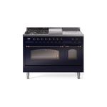 ILVE UP48FSNMPMBBLP Nostalgie II 48 inch Dual Fuel Range (5 Sealed Burners + Griddle + French Top, Liquid Propane, Triple Glass Door, Midnight Blue, Burnished)