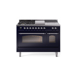 ILVE UP48FSNMPMBCLP Nostalgie II 48 inch Dual Fuel Range (5 Sealed Burners + Griddle + French Top, Liquid Propane, Triple Glass Door, Midnight Blue, Chrome)