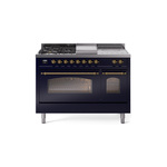 ILVE UP48FSNMPMBGLP Nostalgie II 48 inch Dual Fuel Range (5 Sealed Burners + Griddle + French Top, Liquid Propane, Triple Glass Door, Midnight Blue, Brass)