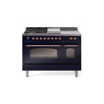 ILVE UP48FSNMPMBPLP Nostalgie II 48 inch Dual Fuel Range (5 Sealed Burners + Griddle + French Top, Liquid Propane, Triple Glass Door, Midnight Blue, Copper)