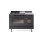 ILVE UP48FSNMPMGB Nostalgie II 48 inch Dual Fuel Range (5 Sealed Burners + Griddle + French Top, Natural Gas, Triple Glass Door, Graphite Matte, Burnished)