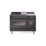 ILVE UP48FSNMPMGCLP Nostalgie II 48 inch Dual Fuel Range (5 Sealed Burners + Griddle + French Top, Liquid Propane, Triple Glass Door, Graphite Matte, Chrome)