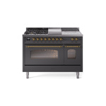 ILVE UP48FSNMPMGGLP Nostalgie II 48 inch Dual Fuel Range (5 Sealed Burners + Griddle + French Top, Liquid Propane, Triple Glass Door, Graphite Matte, Brass)