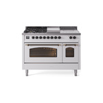 ILVE UP48FSNMPWHBLP Nostalgie II 48 inch Dual Fuel Range (5 Sealed Burners + Griddle + French Top, Liquid Propane, Triple Glass Door, White, Burnished)