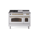 ILVE UP48FSNMPWHGLP Nostalgie II 48 inch Dual Fuel Range (5 Sealed Burners + Griddle + French Top, Liquid Propane, Triple Glass Door, White, Brass)