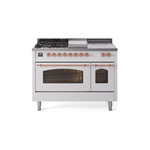 ILVE UP48FSNMPWHPLP Nostalgie II 48 inch Dual Fuel Range (5 Sealed Burners + Griddle + French Top, Liquid Propane, Triple Glass Door, White, Copper)