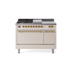 ILVE UP48FSQNMPAWGLP Nostalgie II 48 inch Dual Fuel Range (5 Sealed Burners + Griddle + French Top, Liquid Propane, Solid Door, Antique White, Brass)