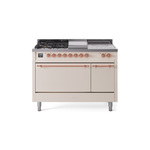 ILVE UP48FSQNMPAWPLP Nostalgie II 48 inch Dual Fuel Range (5 Sealed Burners + Griddle + French Top, Liquid Propane, Solid Door, Antique White, Copper)