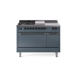 ILVE UP48FSQNMPBGBLP Nostalgie II 48" Dual Fuel Range (5 Sealed Burners + Griddle + French Top, Liquid Propane, Solid Door, Blue Grey, Burnished)