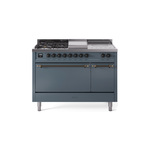 ILVE UP48FSQNMPBGB Nostalgie II 48" Dual Fuel Range (5 Sealed Burners + Griddle + French Top, Natural Gas, Solid Door, Blue Grey, Burnished)