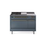 ILVE UP48FSQNMPBGGLP Nostalgie II 48" Dual Fuel Range (5 Sealed Burners + Griddle + French Top, Liquid Propane, Solid Door, Blue Grey, Brass)