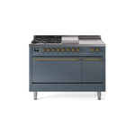 ILVE UP48FSQNMPBGG Nostalgie II 48" Dual Fuel Range (5 Sealed Burners + Griddle + French Top, Natural Gas, Solid Door, Blue Grey, Brass)