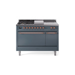 ILVE UP48FSQNMPBGPLP Nostalgie II 48" Dual Fuel Range (5 Sealed Burners + Griddle + French Top, Liquid Propane, Solid Door, Blue Grey, Copper)