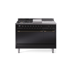 ILVE UP48FSQNMPBKBLP Nostalgie II 48 inch Dual Fuel Range (5 Sealed Burners + Griddle + French Top, Liquid Propane, Solid Door, Glossy Black, Burnished)