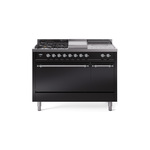 ILVE UP48FSQNMPBKCLP Nostalgie II 48 inch Dual Fuel Range (5 Sealed Burners + Griddle + French Top, Liquid Propane, Solid Door, Glossy Black, Chrome)