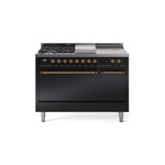 ILVE UP48FSQNMPBKGLP Nostalgie II 48 inch Dual Fuel Range (5 Sealed Burners + Griddle + French Top, Liquid Propane, Solid Door, Glossy Black, Brass)