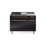 ILVE UP48FSQNMPBKP Nostalgie II 48 inch Dual Fuel Range (5 Sealed Burners + Griddle + French Top, Natural Gas, Solid Door, Glossy Black, Copper)