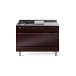 ILVE UP48FSQNMPBUBLP Nostalgie II 48 inch Dual Fuel Range (5 Sealed Burners + Griddle + French Top, Liquid Propane, Solid Door, Burgundy, Burnished)