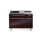 ILVE UP48FSQNMPBUCLP Nostalgie II 48 inch Dual Fuel Range (5 Sealed Burners + Griddle + French Top, Liquid Propane, Solid Door, Burgundy, Chrome)