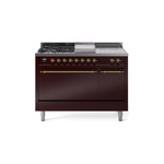 ILVE UP48FSQNMPBUGLP Nostalgie II 48 inch Dual Fuel Range (5 Sealed Burners + Griddle + French Top, Liquid Propane, Solid Door, Burgundy, Brass)