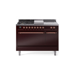 ILVE UP48FSQNMPBUPLP Nostalgie II 48 inch Dual Fuel Range (5 Sealed Burners + Griddle + French Top, Liquid Propane, Solid Door, Burgundy, Copper)