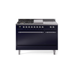 ILVE UP48FSQNMPMBCLP Nostalgie II 48 inch Dual Fuel Range (5 Sealed Burners + Griddle + French Top, Liquid Propane, Solid Door, Midnight Blue, Chrome)