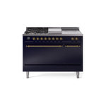 ILVE UP48FSQNMPMBGLP Nostalgie II 48 inch Dual Fuel Range (5 Sealed Burners + Griddle + French Top, Liquid Propane, Solid Door, Midnight Blue, Brass)