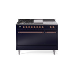 ILVE UP48FSQNMPMBPLP Nostalgie II 48 inch Dual Fuel Range (5 Sealed Burners + Griddle + French Top, Liquid Propane, Solid Door, Midnight Blue, Copper)