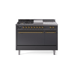 ILVE UP48FSQNMPMGGLP Nostalgie II 48 inch Dual Fuel Range (5 Sealed Burners + Griddle + French Top, Liquid Propane, Solid Door, Graphite Matte, Brass)