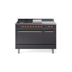 ILVE UP48FSQNMPMGP Nostalgie II 48 inch Dual Fuel Range (5 Sealed Burners + Griddle + French Top, Natural Gas, Solid Door, Graphite Matte, Copper)