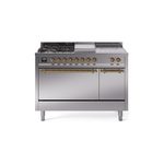 ILVE UP48FSQNMPSSGLP Nostalgie II 48 inch Dual Fuel Range (5 Sealed Burners + Griddle + French Top, Liquid Propane, Solid Door, Stainless Steel, Brass)