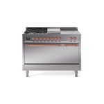 ILVE UP48FSQNMPSSP Nostalgie II 48 inch Dual Fuel Range (5 Sealed Burners + Griddle + French Top, Natural Gas, Solid Door, Stainless Steel, Copper)