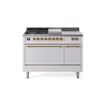 ILVE UP48FSQNMPWHGLP Nostalgie II 48 inch Dual Fuel Range (5 Sealed Burners + Griddle + French Top, Liquid Propane, Solid Door, White, Brass)