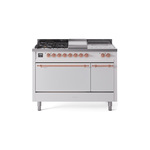 ILVE UP48FSQNMPWHPLP Nostalgie II 48 inch Dual Fuel Range (5 Sealed Burners + Griddle + French Top, Liquid Propane, Solid Door, White, Copper)