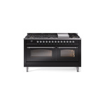 ILVE UP60FNMPBKCLP Nostalgie II 60 inch Dual Fuel Range (9 Sealed Burners + Griddle, Liquid Propane, Triple Glass Door, Glossy Black, Chrome)