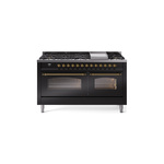 ILVE UP60FNMPBKGLP Nostalgie II 60 inch Dual Fuel Range (9 Sealed Burners + Griddle, Liquid Propane, Triple Glass Door, Glossy Black, Brass)