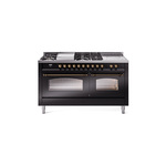 ILVE UP60FSNMPBKBLP Nostalgie II 60 inch Dual Fuel Range (7 Sealed Burners + Griddle + French Top, Liquid Propane, Triple Glass Door, Glossy Black, Burnished)