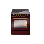 ILVE UPI304NMPBUG Nostalgie II 30" Induction Range (Triple Glass Door, Burgundy, Brass)