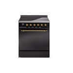 ILVE UPI304QNMPBKG Nostalgie II 30" Induction Range (Solid Door, Glossy Black, Brass)