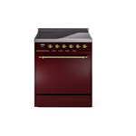 ILVE UPI304QNMPBUG Nostalgie II 30" Induction Range (Solid Door, Burgundy, Brass)