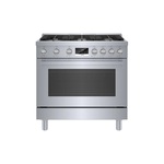 Bosch HDS8655U 36" 800 Series Industrial Style Dual Fuel Range with 6 Sealed Burners, 3.7 cu. ft. Oven Capacity, Dishwasher Safe Cast Iron Grates, Heavy Duty Metal Knobs, Catalytic Clean Oven (Stainless Steel)