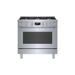 Bosch HGS8655UC 36" 800 Series Industrial Style Gas Range with 6 Sealed Burners, 3.4 cu. ft. Oven Capacity, Dishwasher Safe Cast Iron Grates, Heavy Duty Metal Knobs, Catalytic Clean Oven (Stainless Steel)