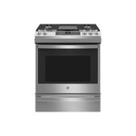 GE JGS760SPSS 30" Smart Slide-In Convection Gas Range with 5 Burners, 5.6 cu. ft. Oven Capacity, Integrated griddle and No Preheat Air Fry (Stainless Steel)