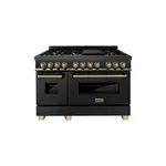 ZLINE RABZ48CB 48" Autograph Edition Dual Fuel Range with 6 Italian Brass Burners, Griddle, 6 cu. ft. Total Oven Capacity, Stay-Put Hinges and Cast Iron Grates in Black Stainless Steel with Champagne Bronze Trim