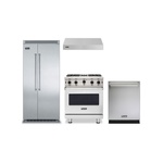 Viking 4-Piece Kitchen Package with VGIC53024BSS 30″ Gas Range, VWH3010SS 30″ Wall Hood, VDWU524SS 24″ Dishwasher and VCSB5483SS 48″ Refrigerator