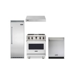 Viking 4-Piece Kitchen Package with VGIC53024BSS 30″ Gas Range, VWH3010SS 30″ Wall Hood, VDWU524SS 24″ Dishwasher and VCFB5303RSS 30″ Column Freezer